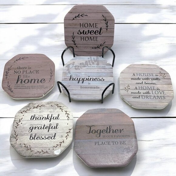 Home Sweet Home Themed Stone Coaster Set of Six With Stand White Natural Colors - Picture 2 of 4